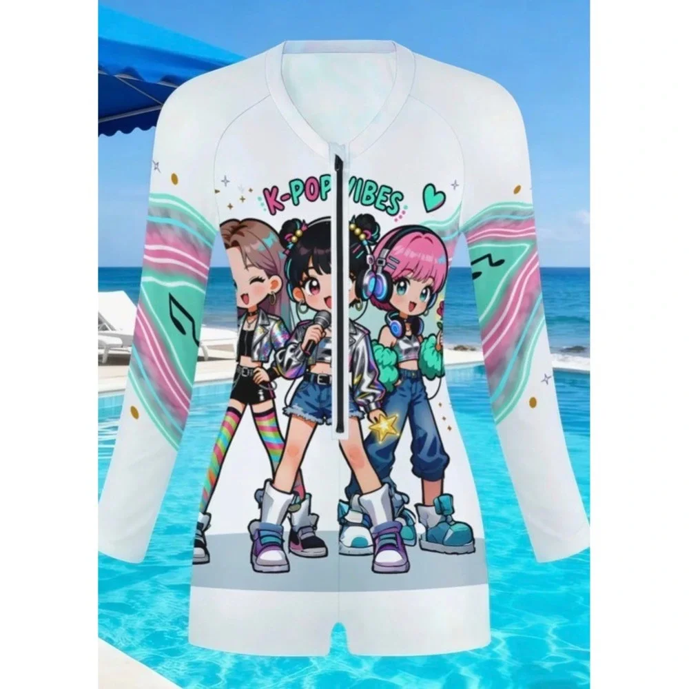 K-Pop Vibes Anime Girl Group Graphic Swimsuit Kids 9-10Y Long Sleeve Zip Front